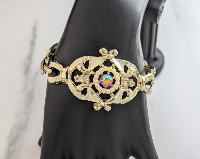 Lovely Vintage Jewellery Gold-tone Aurora Borealis rhinestones Bracelet
