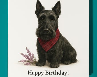 Scottish Terrier -  purple heather flowers - Happy Birthday Card - Premium Greeting Card Envelope Personalised funny card - friend Family