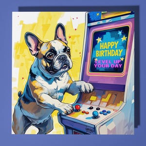 Franse Bulldog - Happy Birthday Card - Funny Animal - Premiumwenskaart en envelop - Gepersonaliseerde hondenkaart - jaren 80 - zoon zus vriend