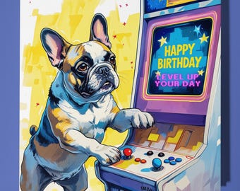 French Bulldog - Happy Birthday Card - Funny Animal - Premium Greeting Card & Envelope - Personalised Dog card - 80s - Son Sister Friend