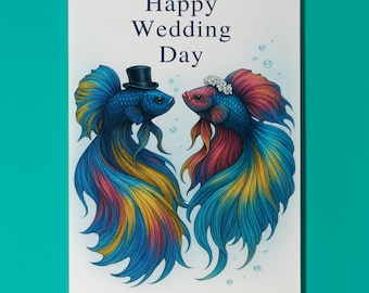 Rainbow Fish Parade Collection -  Betta fish - Happy Wedding Day Card - Funny Animal - Premium Greeting Card & Envelope - Personalised card