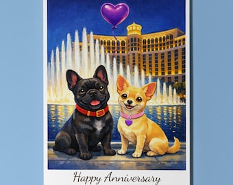 Las Vegas Chihuahua and French Bulldog dogs Happy Anniversary Card and Envelope Funny Premium Personalised Couples Spouses Wife Husband