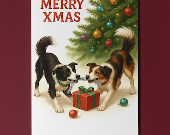 Border Collie Festive Tug of Joy - Merry Xmas Card - Funny Dogs Dog Breeds - Premium Greeting Card & Envelope Personalised - Friends Family