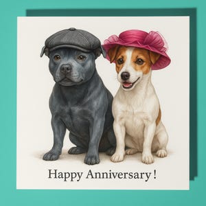 Staffordshire Bull Terrier Jack Russell Terrier - Biglietto di auguri di buon anniversario con animale divertente, biglietto di auguri premium e busta - Biglietto personalizzato