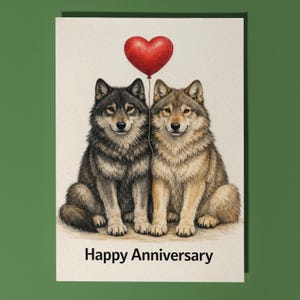 May include: A greeting card featuring two wolves sitting side-by-side, with a red heart-shaped balloon floating above them. The card has the text "Happy Anniversary" at the bottom, perfect for celebrating a special occasion.