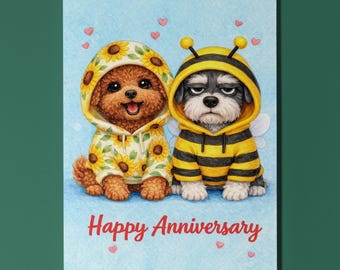 Biglietto di auguri personalizzato per anniversario con barboncino e schnauzer, felpa con cappuccio ape e girasole, regalo per amanti dei cani
