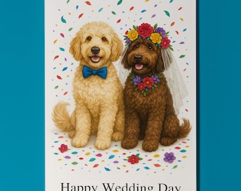 Dog Breeds Collection -  Labradoodle Dogs - Happy Wedding Day Card - Funny Animal - Premium Greeting Card & Envelope - Personalised card