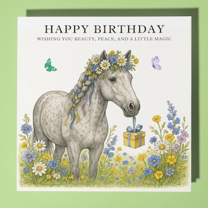 Cavalo cinza malhado - Paz e um pouco de magia! - Cartão de feliz aniversário - Cartão comemorativo premium e envelope - Cartão engraçado personalizado - Amigo