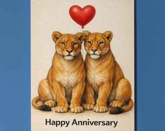 Animal Hugs Collection Two Lionesses, One Heart Happy Anniversary LGBTQ Card - Premium Greeting Card Envelope - Personalised Funny Partners