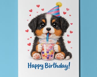 Kawaii Art Bernese Mountain puppy Sweet Boba Sip Bubble Tea Happy Birthday Card Premium Greeting Card Envelope Personalised Dog Breeds