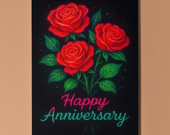 Neon Glowing Red Roses - Happy Anniversary Card -  Premium Greeting Card and Envelope - Personalised card - Couples Wife Husband