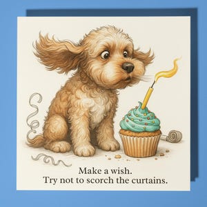 Cockapoo pide un deseo Intenta no quemar las cortinas - Tarjeta de feliz cumpleaños - Sobre de tarjeta de felicitación premium Tarjeta divertida personalizada - amigo