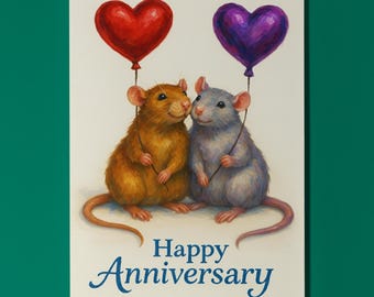 Two Rats - Balloon Hearts & Whiskers - Happy Anniversary Card - Funny Animal - Premium Greeting Card Envelope - Personalised card - Couples
