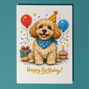 Könnte beinhalten: Aquarell-Illustration eines fröhlichen Hundes mit Partyhut und Halstuch, umgeben von Luftballons, einem Geschenk und einem Cupcake. Der Schriftzug "Happy Birthday!" ist goldfarben.