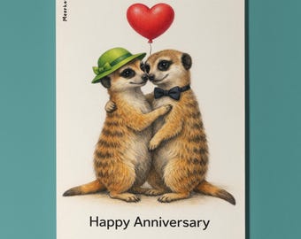 Animal Hugs Series - Meerkat: Better together - Happy Anniversary Card - Funny Animal - Premium Greeting Card & Envelope - Personalised card