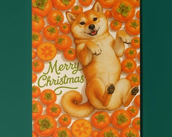 Persimmon Smiles & Shiba Styles - Fruity Friends Collection Merry Christmas Card - Funny Dogs -  Premium Greeting Card Envelope Personalised