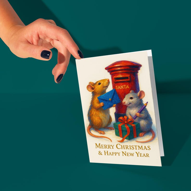 Puede incluir: Una tarjeta de Navidad con dos ratones, un buz&oacute;n rojo y un regalo envuelto. Un rat&oacute;n sostiene un sobre azul, el otro un bol&iacute;grafo morado. La tarjeta dice "MERRY CHRISTMAS & HAPPY NEW YEAR."