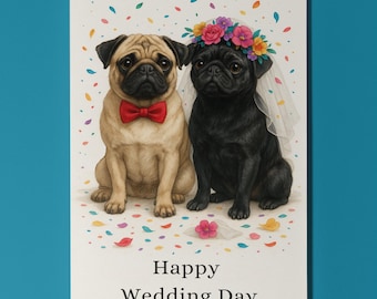 Dog Breeds Collection - Pug Dogs - Happy Wedding Day Card - Funny Animal - Premium Greeting Card & Envelope - Personalised card - Couples