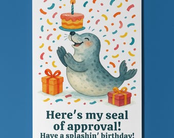 Smiling Seal Party Have a splashin birthday! Card Funny Animals - Premium Greeting Card and Envelope Personalised -Friends Family members