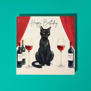 Handgemaakte zwarte kat met gele ogen en rode wijn Verjaardagskaart Funny Animal Card Animal Lovers Premium wenskaart en envelop