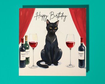 Handmade Black cat with yellow eyes and red wine Happy Birthday Card Funny Animal Card Animal Lovers Premium Greeting Card & Envelope