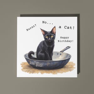 Handmade Sleek black cat sitting inside a frying pan -  Happy Birthday Card Funny Animal Card Animal Lovers Premium Greeting Card & Envelope