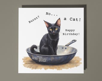 Handmade Sleek black cat sitting inside a frying pan -  Happy Birthday Card Funny Animal Card Animal Lovers Premium Greeting Card & Envelope