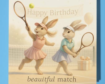 Tennis Bunnies  - Happy Birthday Card - Funny Animal - Premium Greeting Card Envelope - Personalised funny card - family friend
