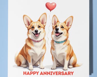Corgi  and red heart Anniversary Card - Funny Animal - Premium Greeting Card & Envelope - Personalised Dog card - Wife Husband