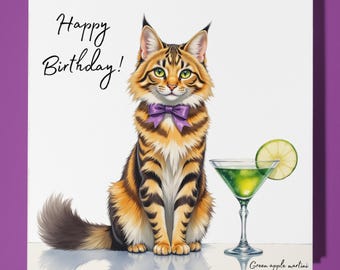 Fluffy tabby striped cat - Green apple martini - Happy Birthday Card - Premium Greeting Card & Envelope - Personalised funny card - Family