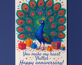 Peacock Love Flutter - You make my heart flutter Happy Anniversary! Card Premium Greeting Card and Envelope - Funny animals - Personalised