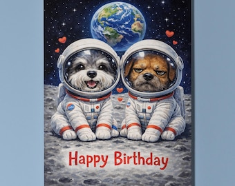 Miniature Schnauzer & Border Terrier Personalised Birthday Card, Funny Space Dog Astronaut Card