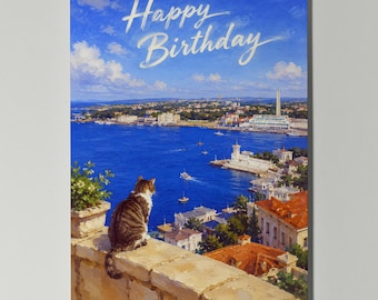 Tabby Cat Coastal Harbour Personalised Birthday Cat Card