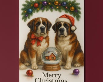 Saint Bernard Dogs Duo - Cozy Nose & Snow Globe - Merry Christmas Card - Funny Dog Breeds - Premium Greeting Card and Envelope Personalised