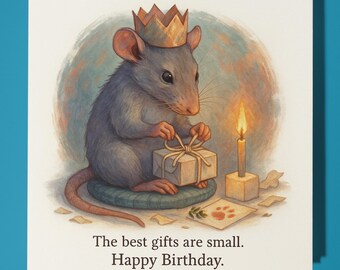 Rat with a gift - The best gifts are small. - Happy Birthday Card - Premium Greeting Card & Envelope - Personalised funny card - Friend