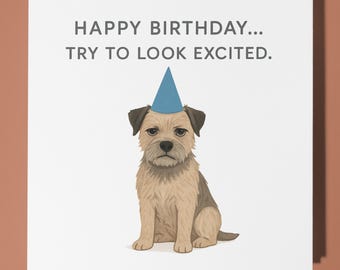 Border Terrier - Minimalist collection - Try to Look Excited  - Happy Birthday Card - Premium Greeting Card & Envelope  Personalised card