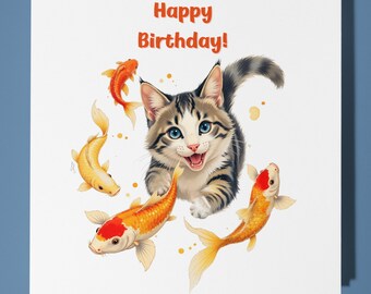Cat Swim with Koi Fish Happy Birthday Card - Funny Animal - Premium Greeting Card Envelope - Personalised Cat card - sister daughter friend.