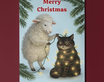Cat and Sheep - The Unwilling Ornament - Merry Christmas Card - Funny Cats - Premium Greeting Card and Envelope - Personalised - Friends