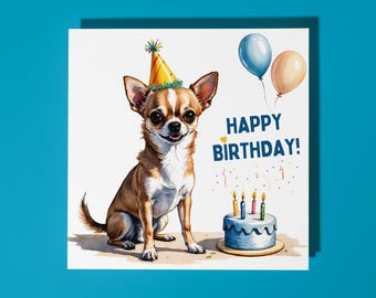 Handmade Cute Chihuahua Dog breed With Cake Happy Birthday Card Funny Animal Card Animal Lovers Premium Greeting Card and Envelope