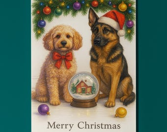 Cockapoo and German Shepherd  Dogs - Snow Globe Merry Christmas Card - Funny Dogs Dog Breeds - Premium Greeting Card & Envelope Personalised
