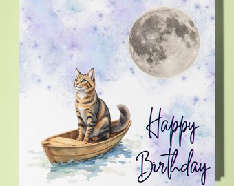 Biglietto Di Auguri Con Gatto E Luna – Compleanno 14,5x14,5 Cm – Fatto A Mano In Inghilterra, Carta Riciclata 350g/m²