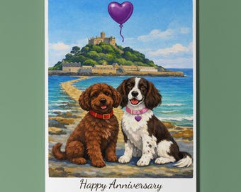 Cornwall - St Michael’s Mount Cockapoo and Springer Spaniel Dogs Happy Anniversary Card and Envelope Funny Breeds - Premium - Personalised