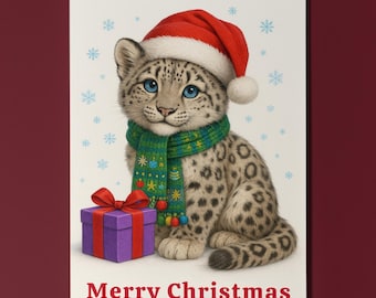 Fluffy Crew - Festive Snow Leopard Cub with a Gift Merry Christmas Card - Funny animals -  Premium Greeting Card Envelope Personalised