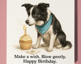 Border Collie Make a wish. Blow gently.  - Happy Birthday Card - Premium Greeting Card Envelope Personalised funny card - friend family