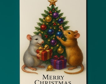 Two rats Trimming the Tree - Merry Christmas Card - Funny animals - Premium Greeting Card and Envelope - Personalised - Friends Family