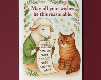 Cat and Sheep - May all your wishes be this reasonable Christmas Card - Funny Cats - Premium Greeting Card and Envelope - Personalised
