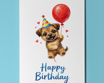 Dog Breeds Collection Border Terrier Dog: Balloon Party Lift-Off Happy Birthday Card Funny Animal Premium Envelope Personalised Cute puppy