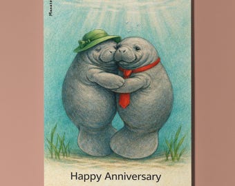 Animal Hugs Series - Manatee: Deeply in love - Happy Anniversary Card - Funny Animal - Premium Greeting Card & Envelope - Personalised card