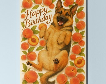 Peachy German Shepherd Dog - Fruity Friends Collection Happy Birthday Card - Funny Animals Premium Greeting Card Envelope - Personalised