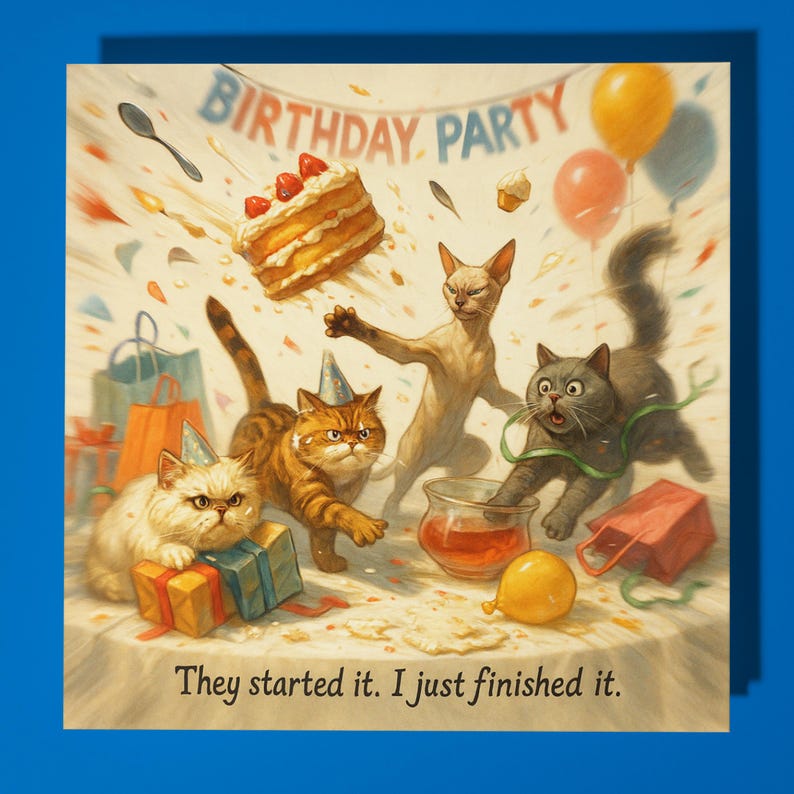 Birthday Party Cats - Happy Birthday Card - Funny Animal - Premium ...